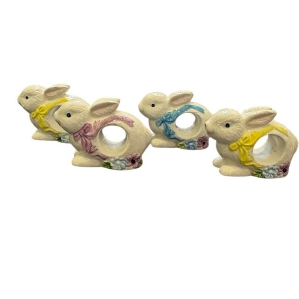Set Of 4 Ceramic Bunny Napkin Rings With Pastel Bow Accents & Floral Details Spr